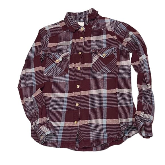 RVCA Shirt Womens Size Small Brown Plaid Button Up Blouse Shirt Long Sleeve - Picture 2 of 5
